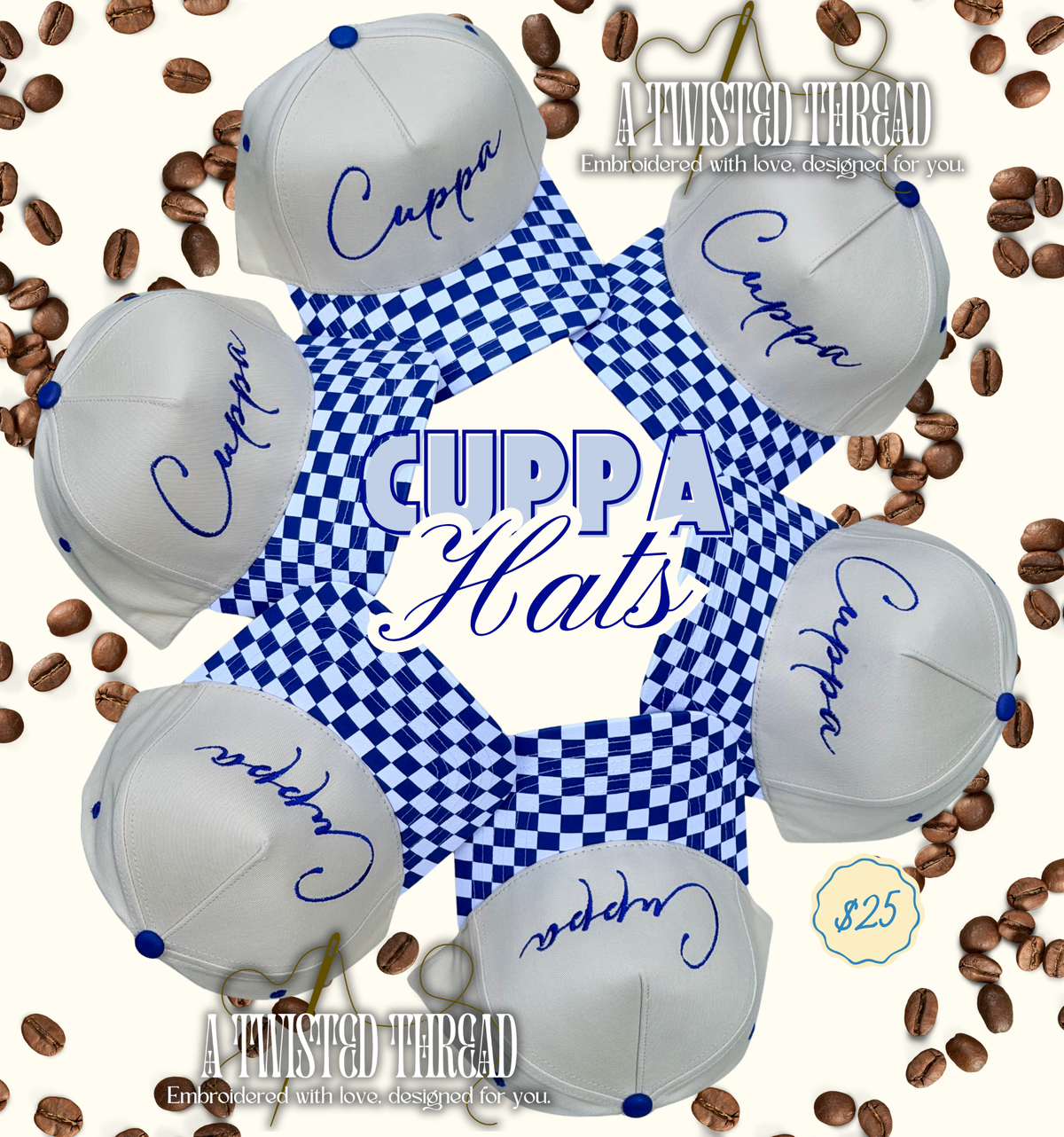 Cuppa Embroidered Checkered Hat ☕